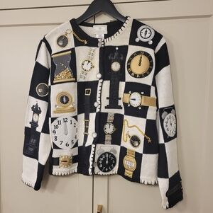 Rare Susan Bristol Vintage Checkered Embroidered Clock Cardigan Sweater 90's